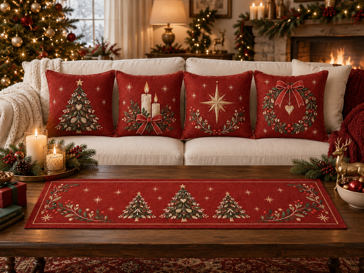 CHRISTMAS 4 Kırlent Kılıfı 1 Runner Seti