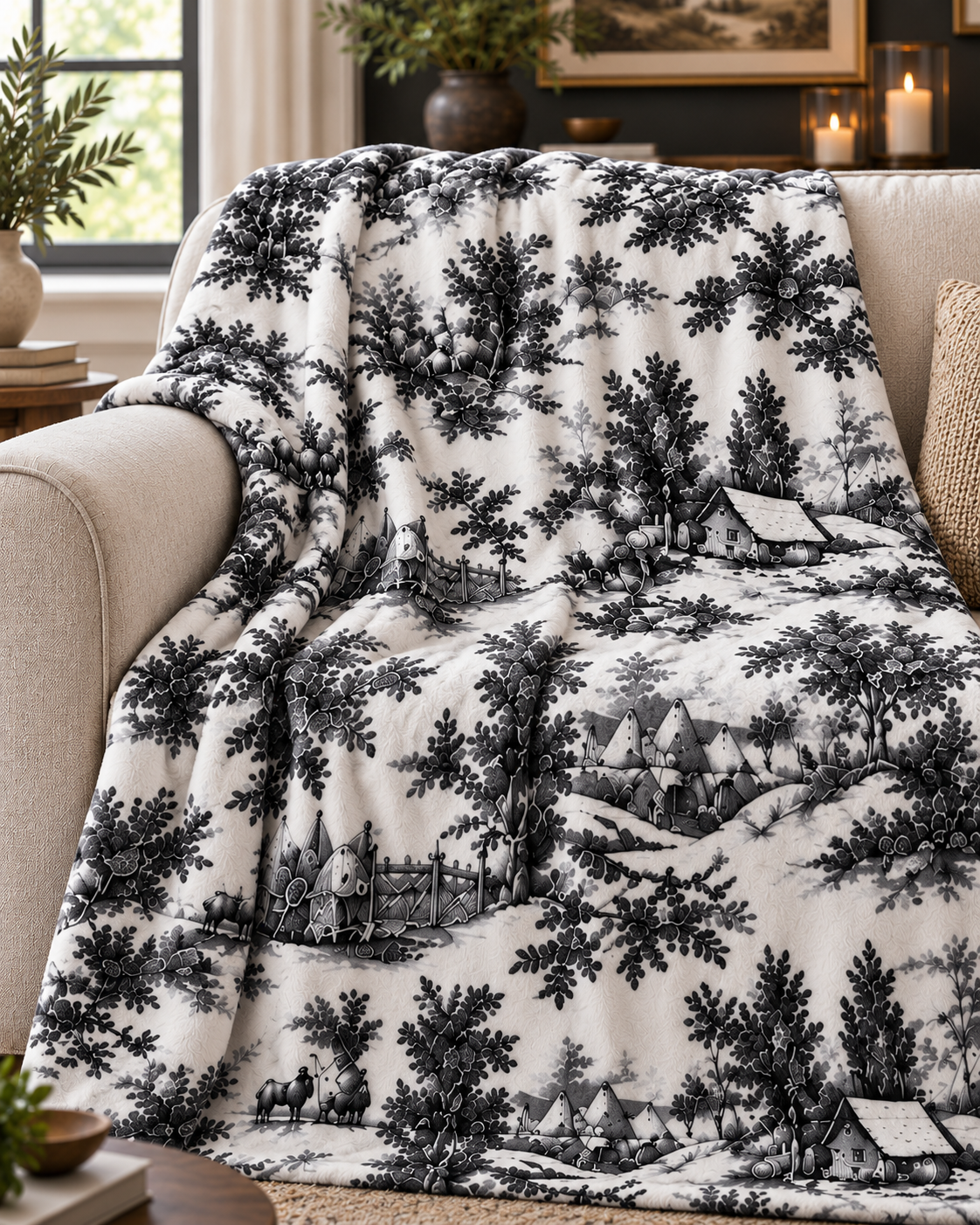 Siyah desenli Toile battaniye yakın görünüm – 140x180 cm