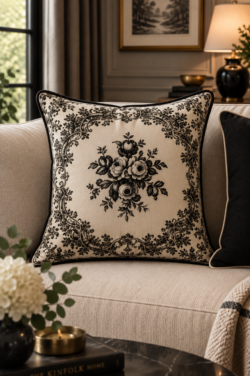 URAZZA Noir Fleur siyah floral desenli kırlent kılıfı