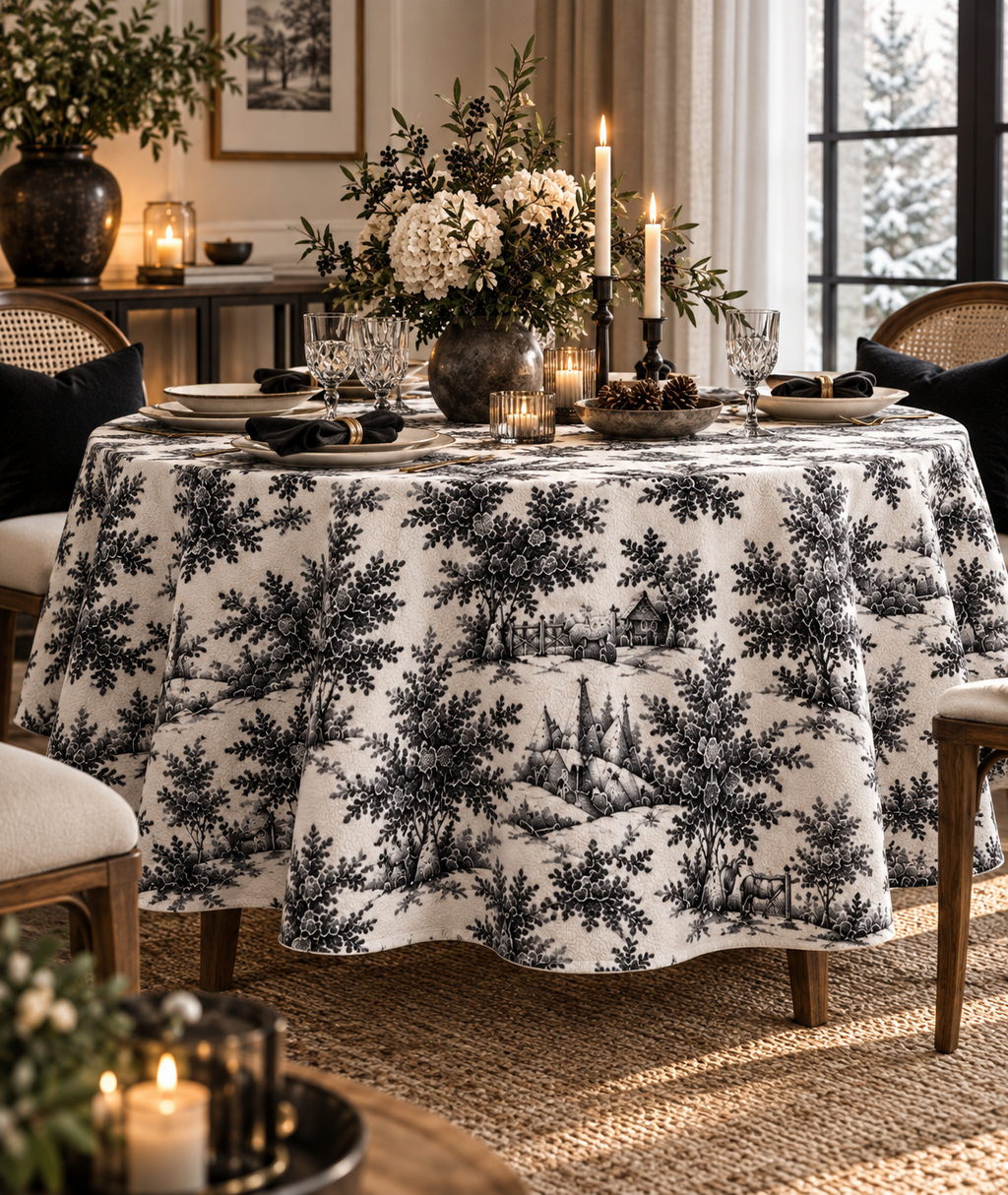 URAZZA Noirvale siyah pastoral desenli yuvarlak masa örtüsü 150x150 cm