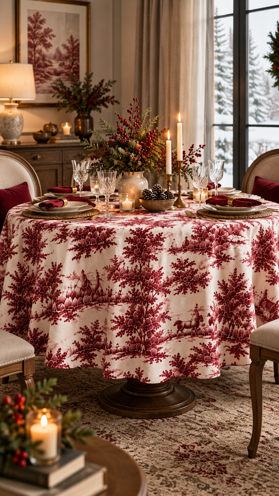 URAZZA Rubiana bordo pastoral desenli yuvarlak masa örtüsü 150x150 cm