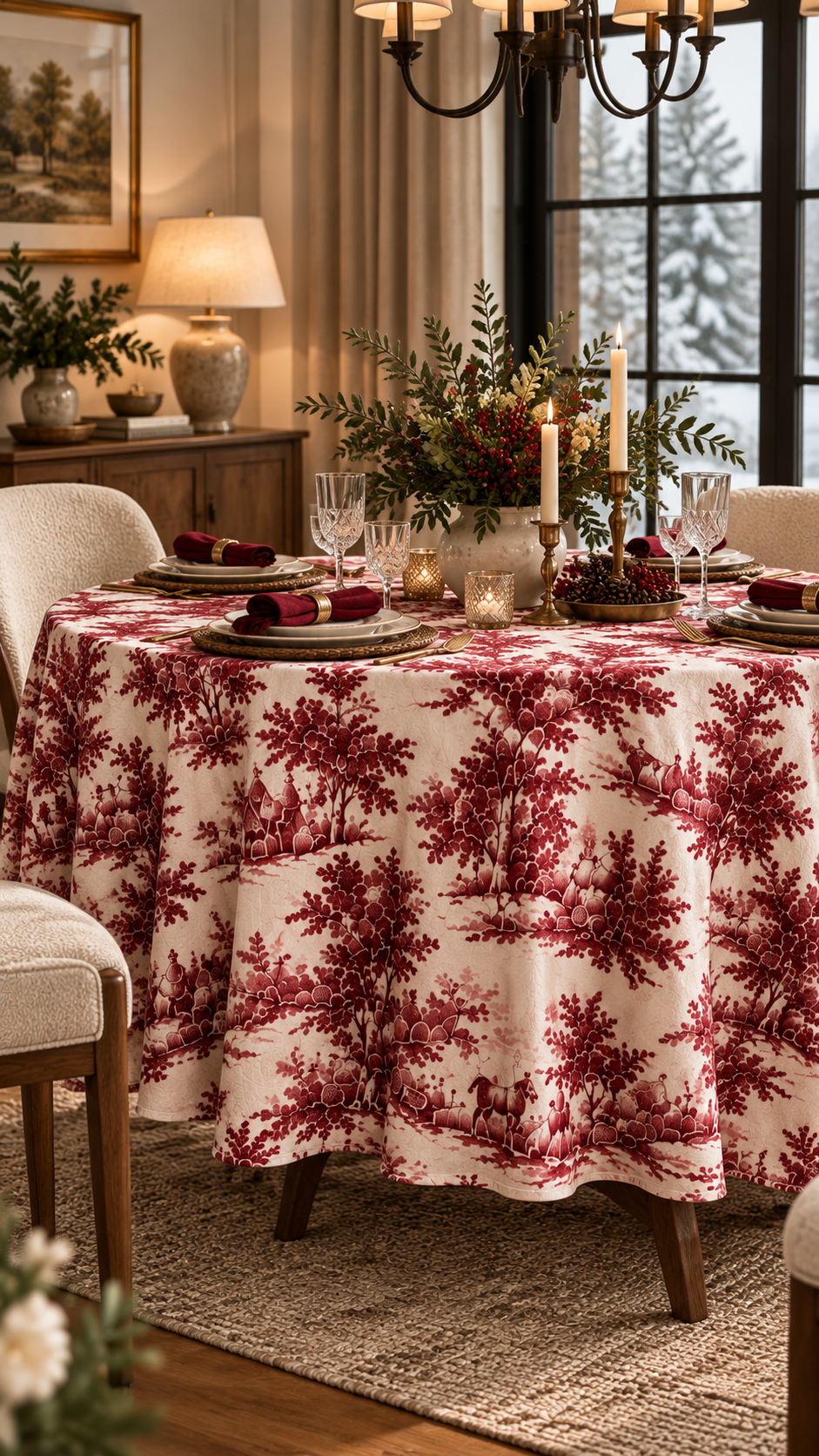 URAZZA Rubiana bordo pastoral desenli yuvarlak masa örtüsü 150x150 cm