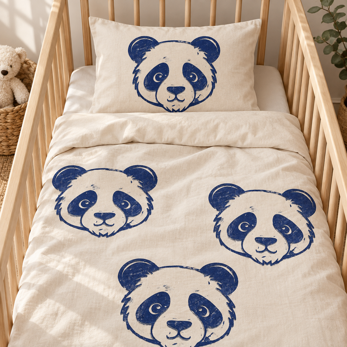 Ekru bebek nevresim takımında lacivert panda taş baskı