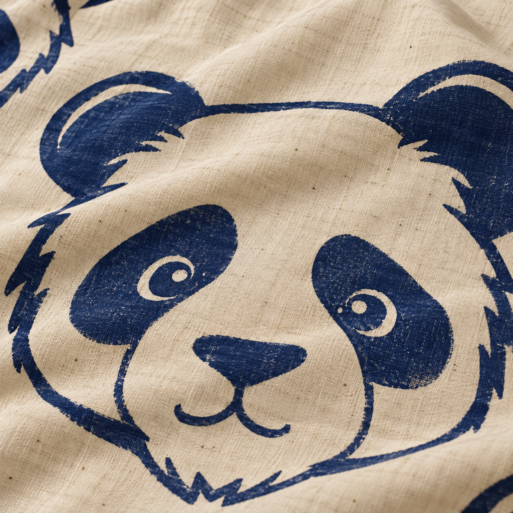 Ham pamuk kumaş üzerinde indigo panda doğal taş baskı detayı