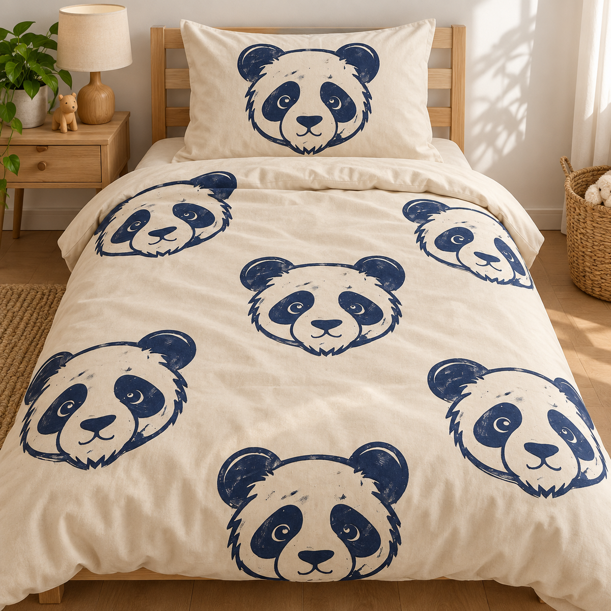 URAZZA lacivert panda desenli doğal taş baskı nevresim takımı