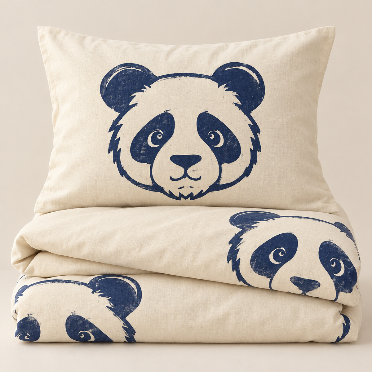 Katlı indigo panda desenli taş baskı nevresim seti